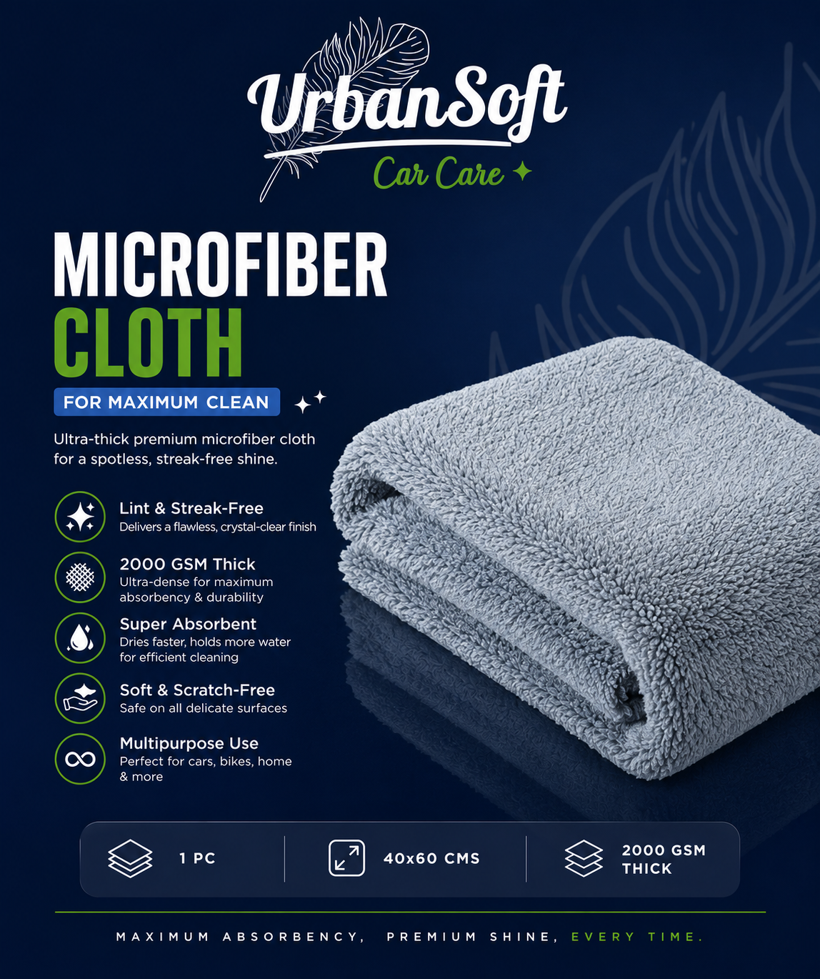 Microfiber Cloths - 1 pc - 40x60 cms - 2000 GSM Thick Lint & Streak-Free Multipurpose Cloths - Automotive Microfiber Towels for Car Bike Cleaning Polishing Washing & Detailing