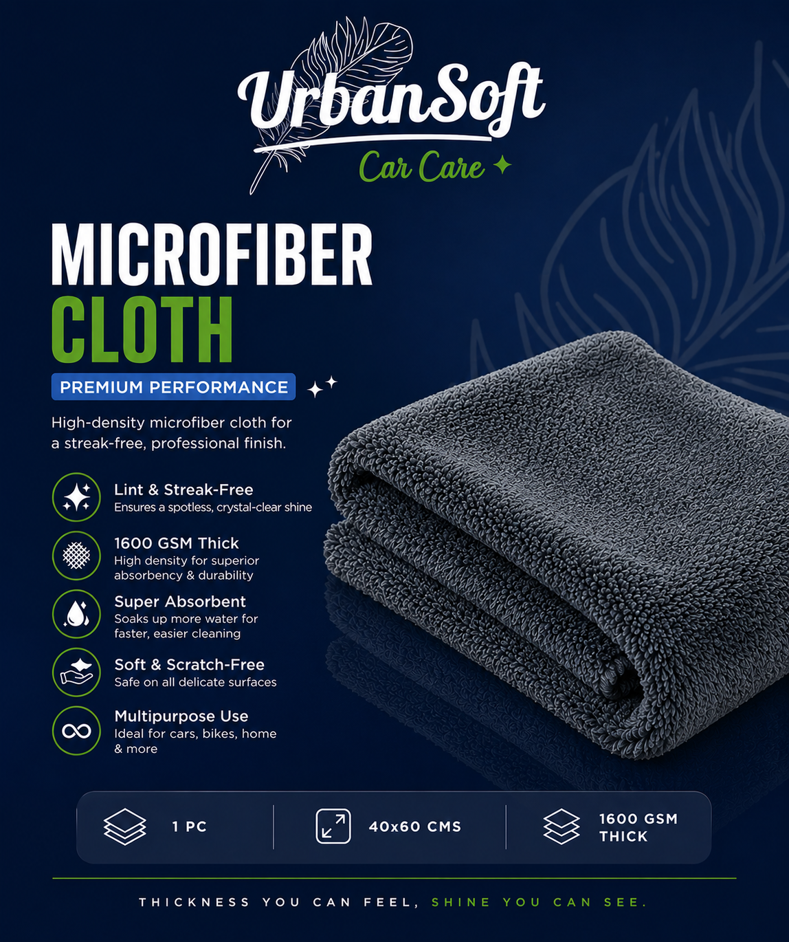 Microfiber Cloths - 1 pc - 40x60 cms - 1600 GSM Thick Lint & Streak-Free Multipurpose Cloths - Automotive Microfiber Towels for Car Bike Cleaning Polishing Washing & Detailing