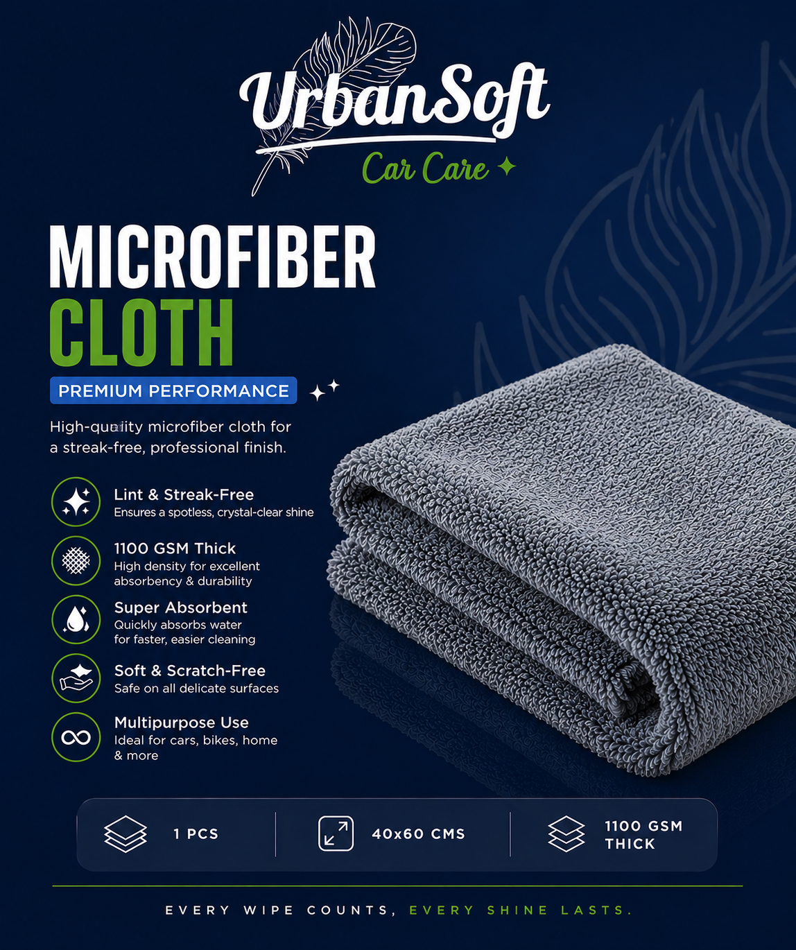 Microfiber Cloths - 1 pcs - 40x60 cms - 1100 GSM Thick Lint & Streak-Free Multipurpose Cloths - Automotive Microfiber Towels for Car Bike Cleaning Polishing Washing & Detailing