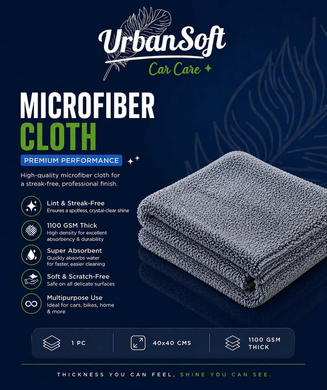 Microfiber Cloths - 1 pc - 40x40 cms - 1100 GSM Thick Lint & Streak-Free Multipurpose Cloths - Automotive Microfiber Towels for Car Bike Cleaning Polishing Washing & Detailing