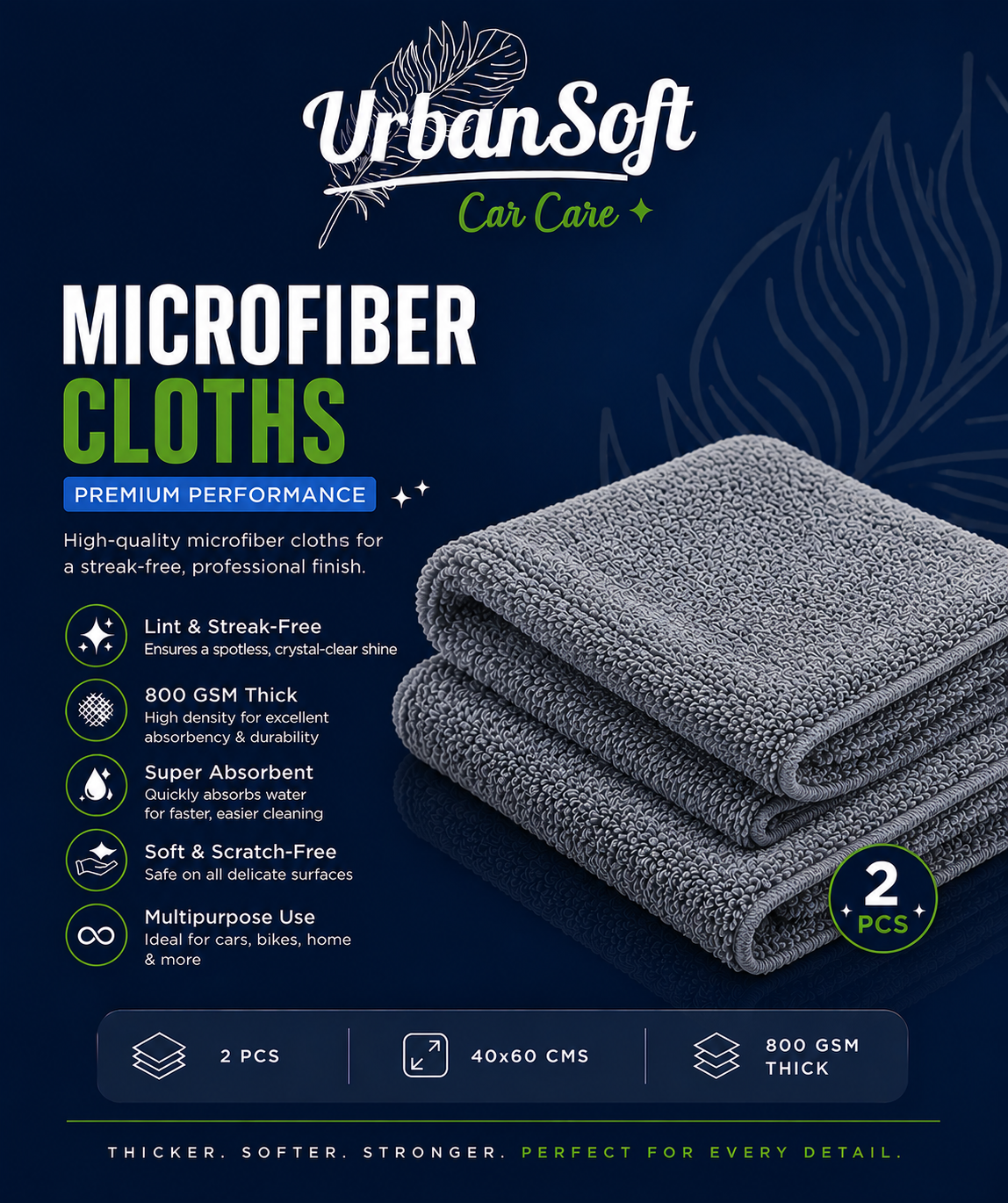 Microfiber Cloths - 2 pcs - 40x60 cms - 800 GSM Thick Lint & Streak-Free Multipurpose Cloths - Automotive Microfiber Towels for Car Bike Cleaning Polishing Washing & Detailing - Grey Color