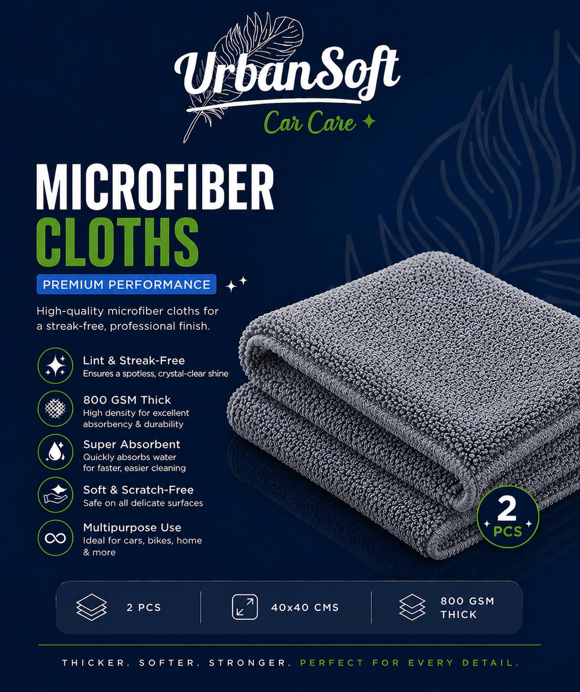 Microfiber Cloths - 2 pcs - 40x40 cms - 800 GSM Thick Lint & Streak-Free Multipurpose Cloths - Automotive Microfiber Towels for Car Bike Cleaning Polishing Washing & Detailing