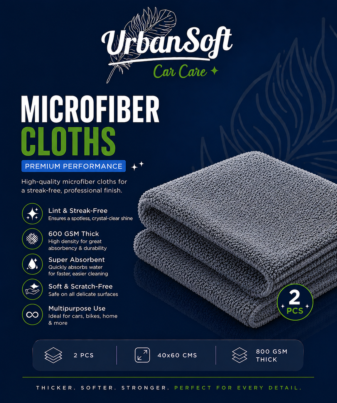 Microfiber Cloths - 2 pcs - 40x60 cms - 600 GSM Thick Lint & Streak-Free Multipurpose Cloths - Automotive Microfiber Towels for Car Bike Cleaning Polishing Washing & Detailing - Grey Color