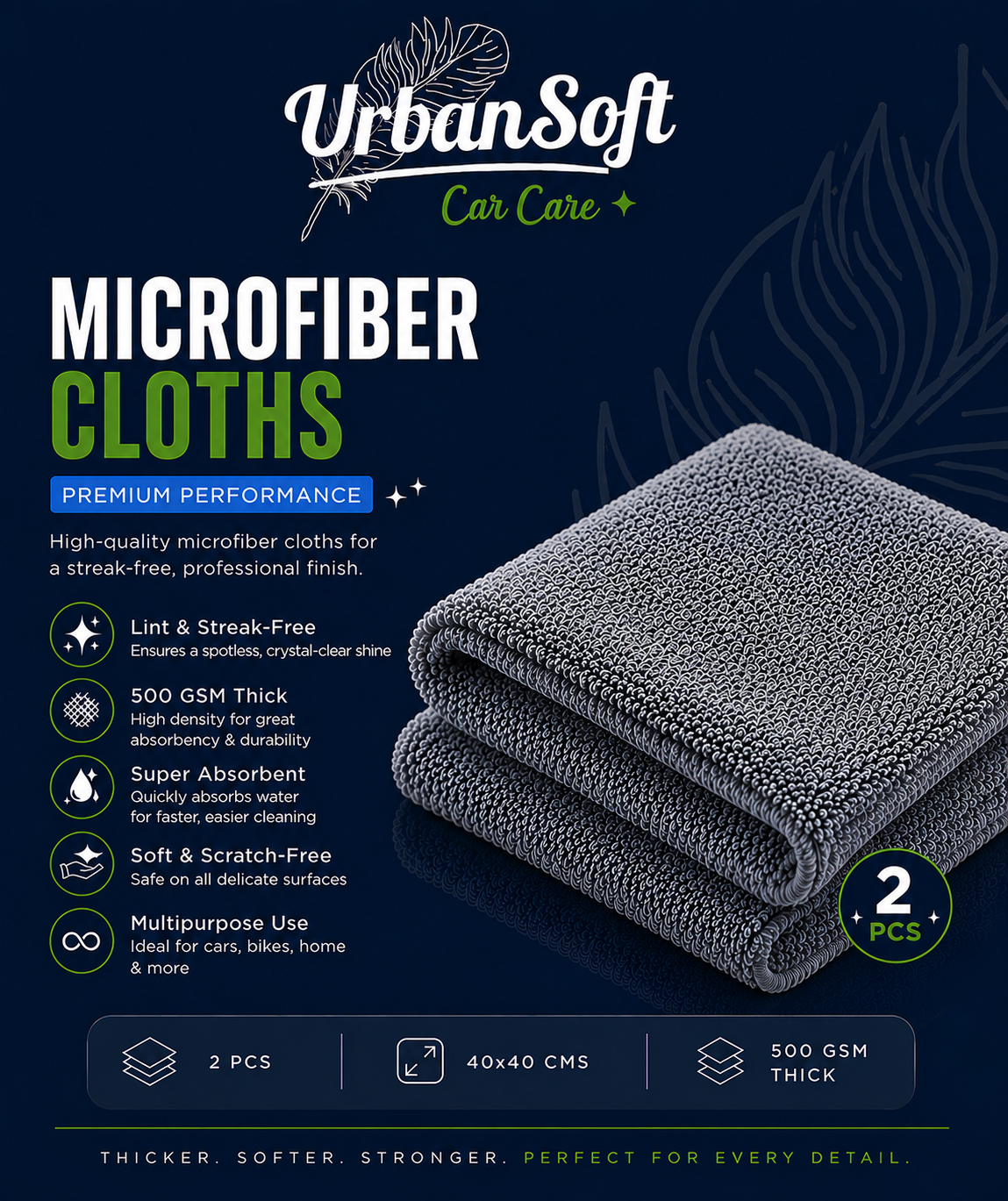 Microfiber Cloths - 2 pcs - 40x40 cms - 500 GSM Thick Lint & Streak-Free Multipurpose Cloths - Automotive Microfiber Towels for Car Bike Cleaning Polishing Washing & Detailing - Grey Color