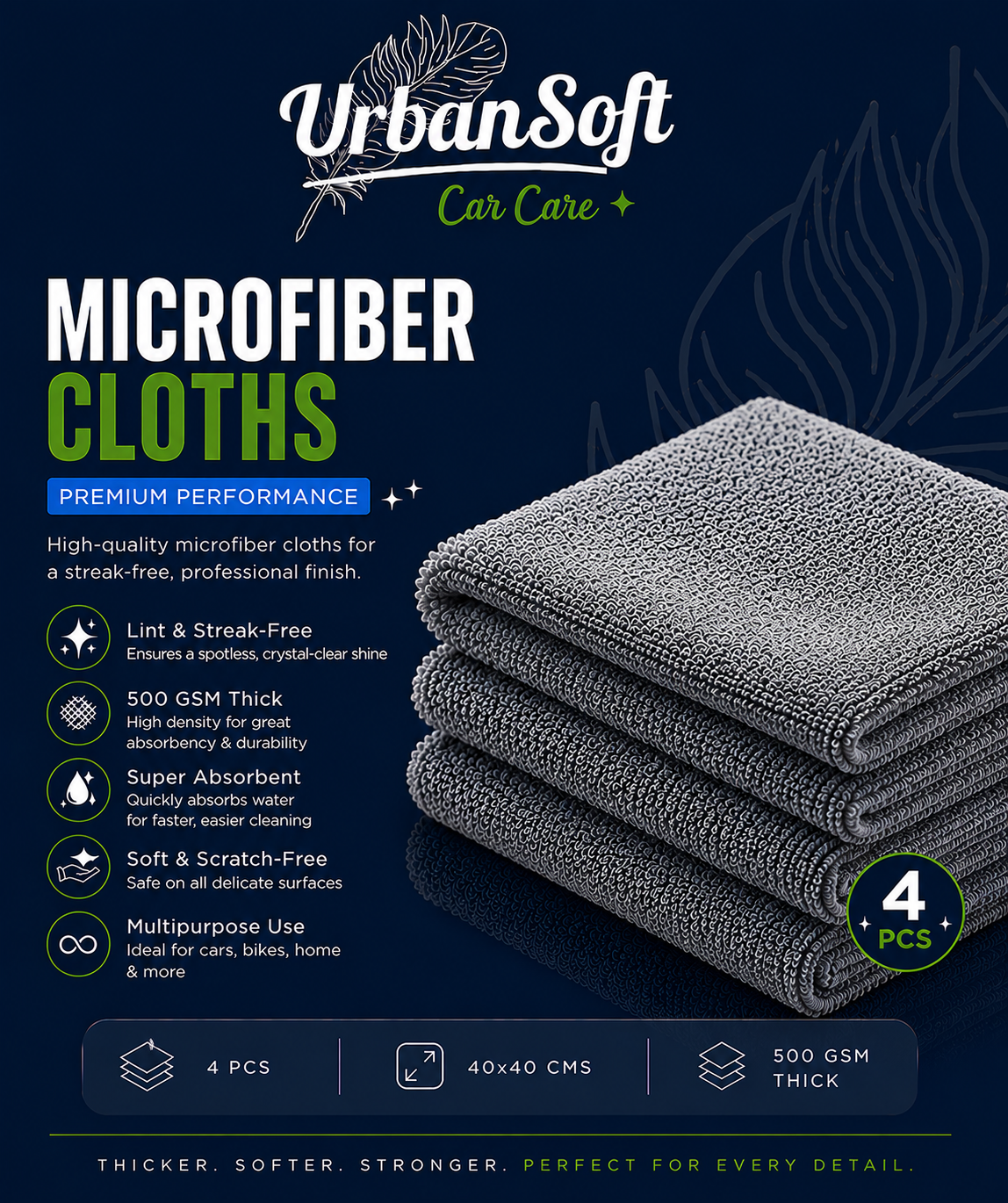 Microfiber Cloths - 4 pcs - 40x40 cms - 500 GSM Thick Lint & Streak-Free Multipurpose Cloths - Automotive Microfiber Towels for Car Bike Cleaning Polishing Washing & Detailing - Grey Color