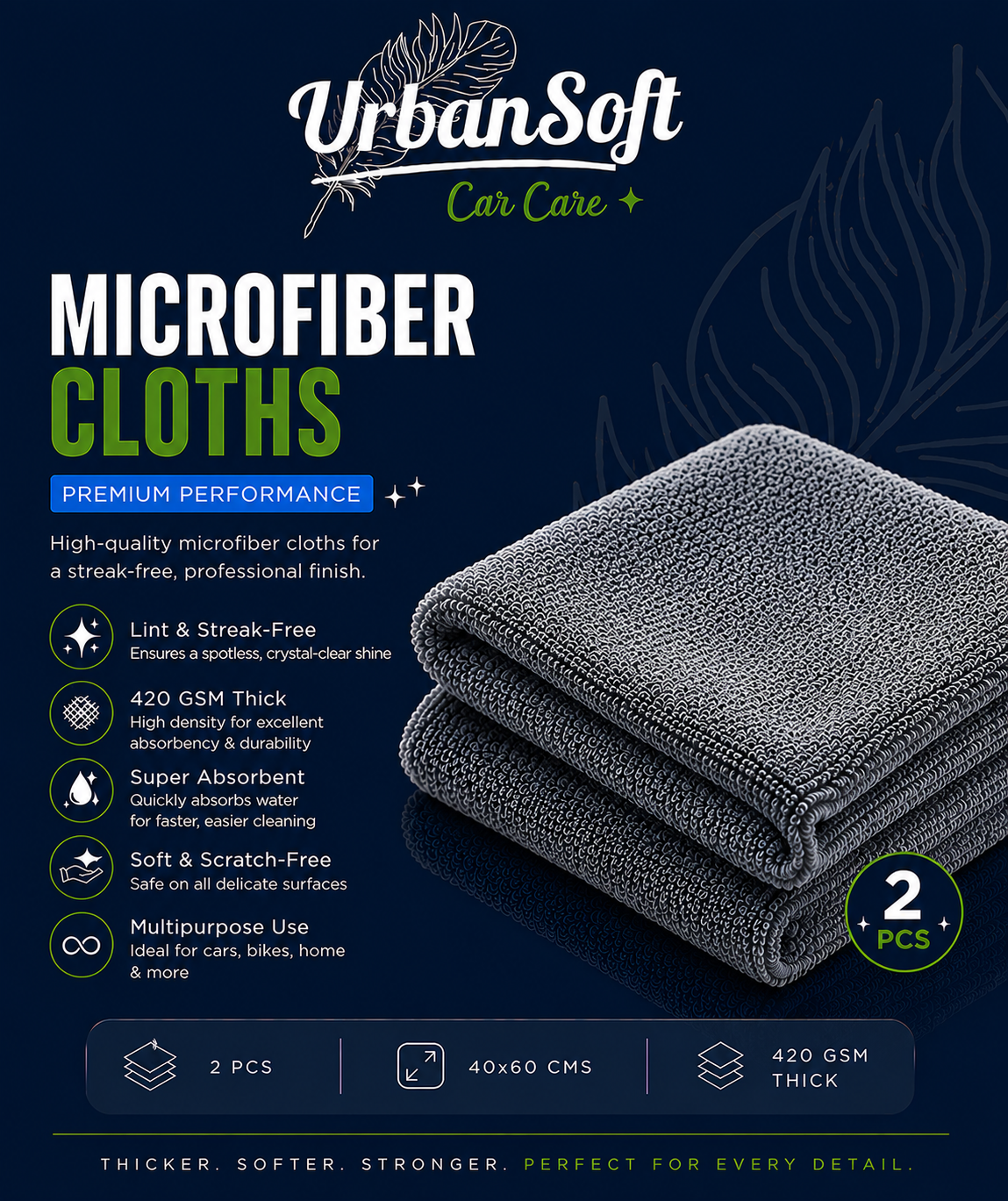 Microfiber Cloths - 2 pcs - 40x60 cms - 420 GSM Thick Lint & Streak-Free Multipurpose Cloths - Automotive Microfiber Towels for Car Bike Cleaning Polishing Washing & Detailing - Grey Color