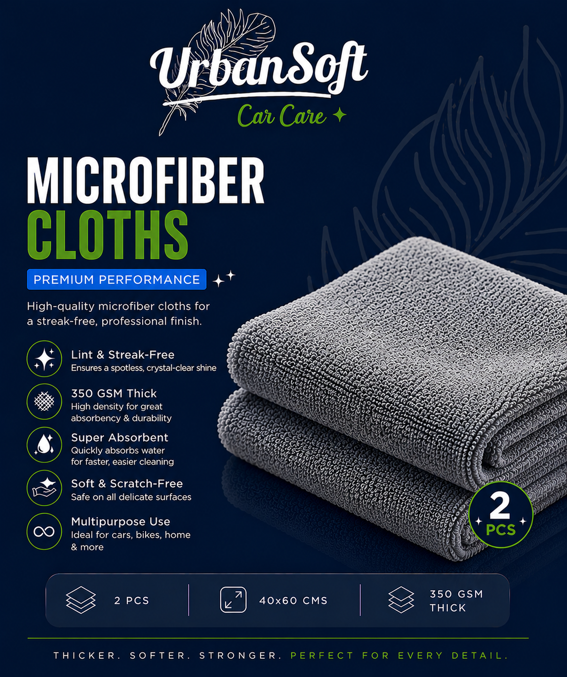 Microfiber Cloths - 2 pcs - 40x60 cms - 350 GSM Thick Lint & Streak-Free Multipurpose Cloths - Automotive Microfiber Towels for Car Bike Cleaning Polishing Washing & Detailing - Grey Color