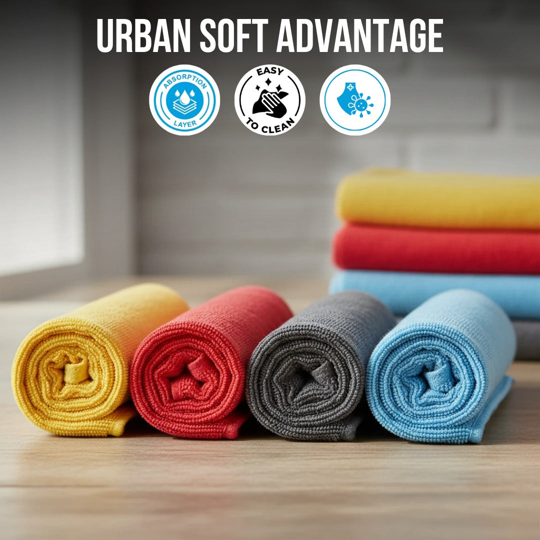 UrbanSoft Microfiber Cloths - 4 pcs - 40x40 cms - 350 GSM Thick Lint & Streak-Free Multipurpose Cloths - Automotive Microfiber Towels for Car Bike Cleaning Polishing Washing & Detailing - Multi Color